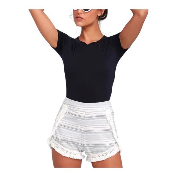 lulus Savvy Blue and White Striped White Fringe Along Sides Hem Shorts Medium - Picture 9 of 11